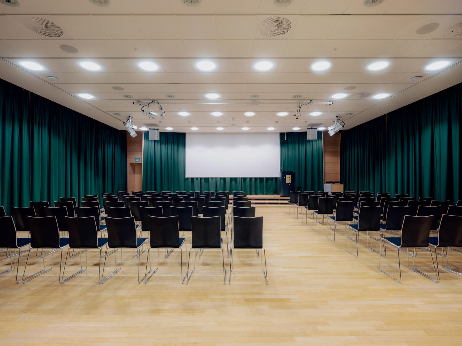 Auditorium sett fra inngangen med mange svarte stoler vendt mot en stor projeksjonsflate og grønne scenetepper på sidene.