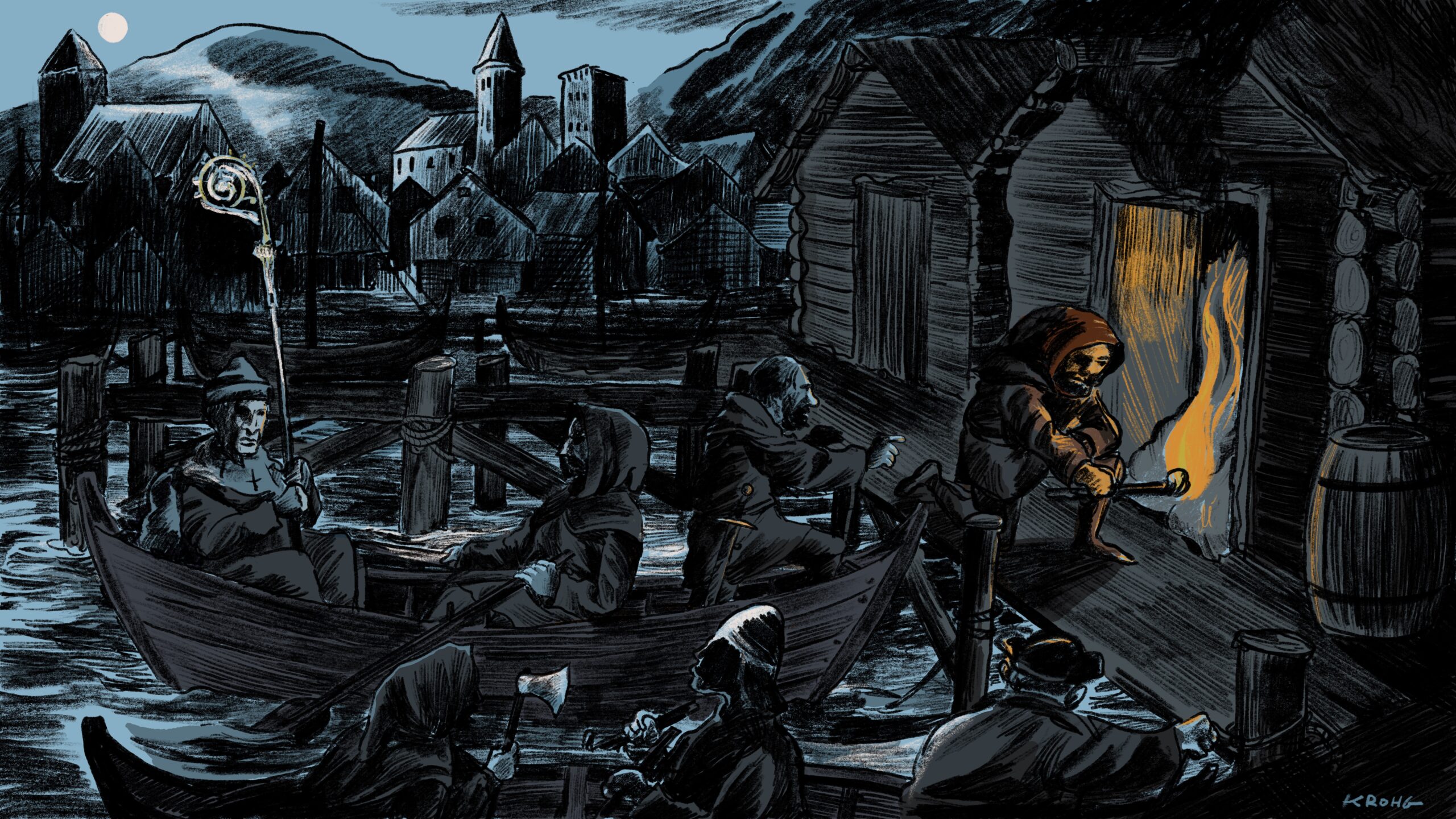 Illustrasjon av en nattlig havn der maskerte personer i robåter angriper en trebygning ved kaia. En person klatrer inn et vindu med fakkel og setter fyr på innsiden, mens andre står klare med våpen. I bakgrunnen sees mørke hus, tårn og fjell i måneskinn.