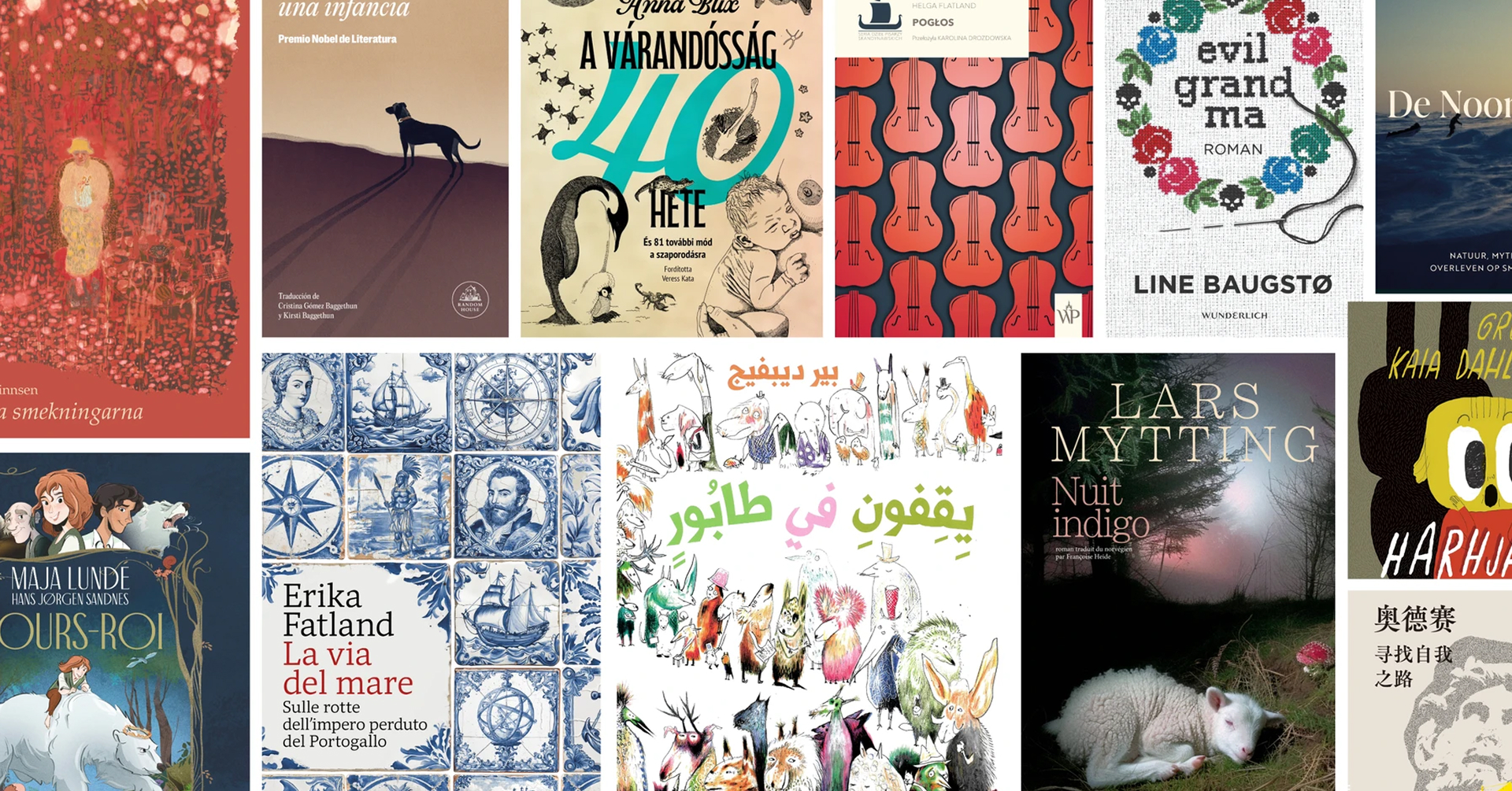 En collage av forskjellige bokomslag av norske forfattere oversatt til andre språk