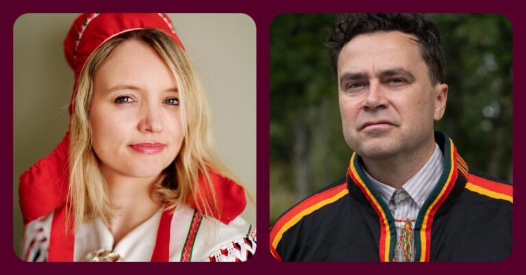 Portrettfoto av en kvinne og mann i tradisjonell samisk drakt.