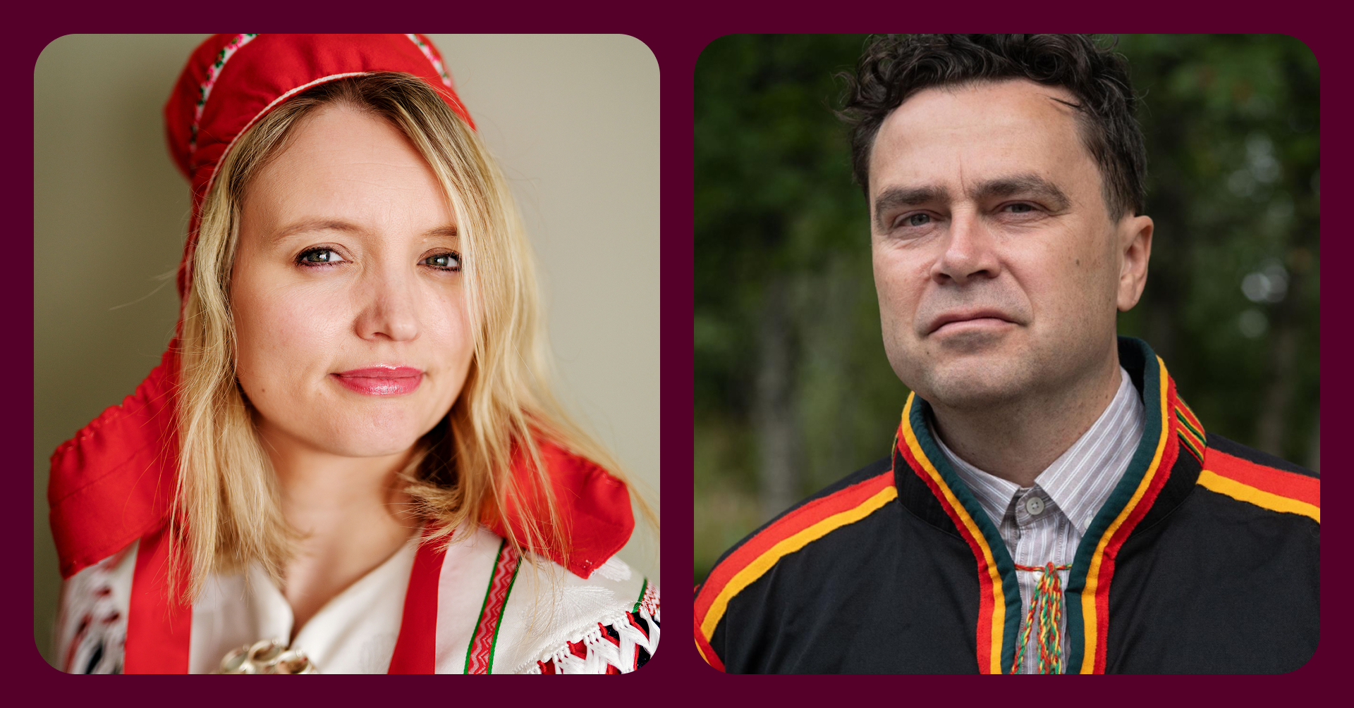 Portrettfoto av en kvinne og mann i tradisjonell samisk drakt.