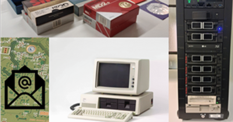 en collage som viser en stasjonær pc med tastatur, forskjellige floppydisks og tegn for elektronisk epost.