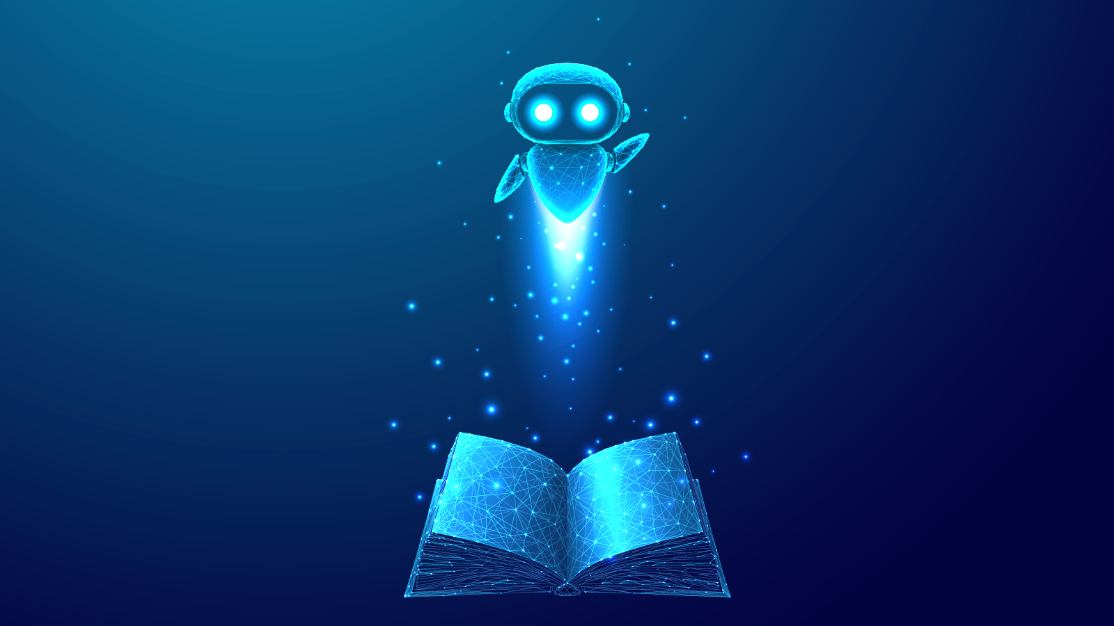 En robot svever over en åpen bok