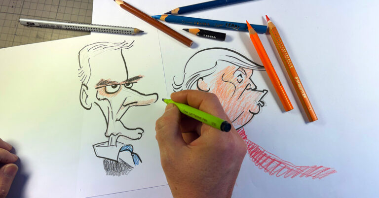 Med en penn i hånda, viser bildet karikaturtegning av Norges statsminister og presidenten av USA