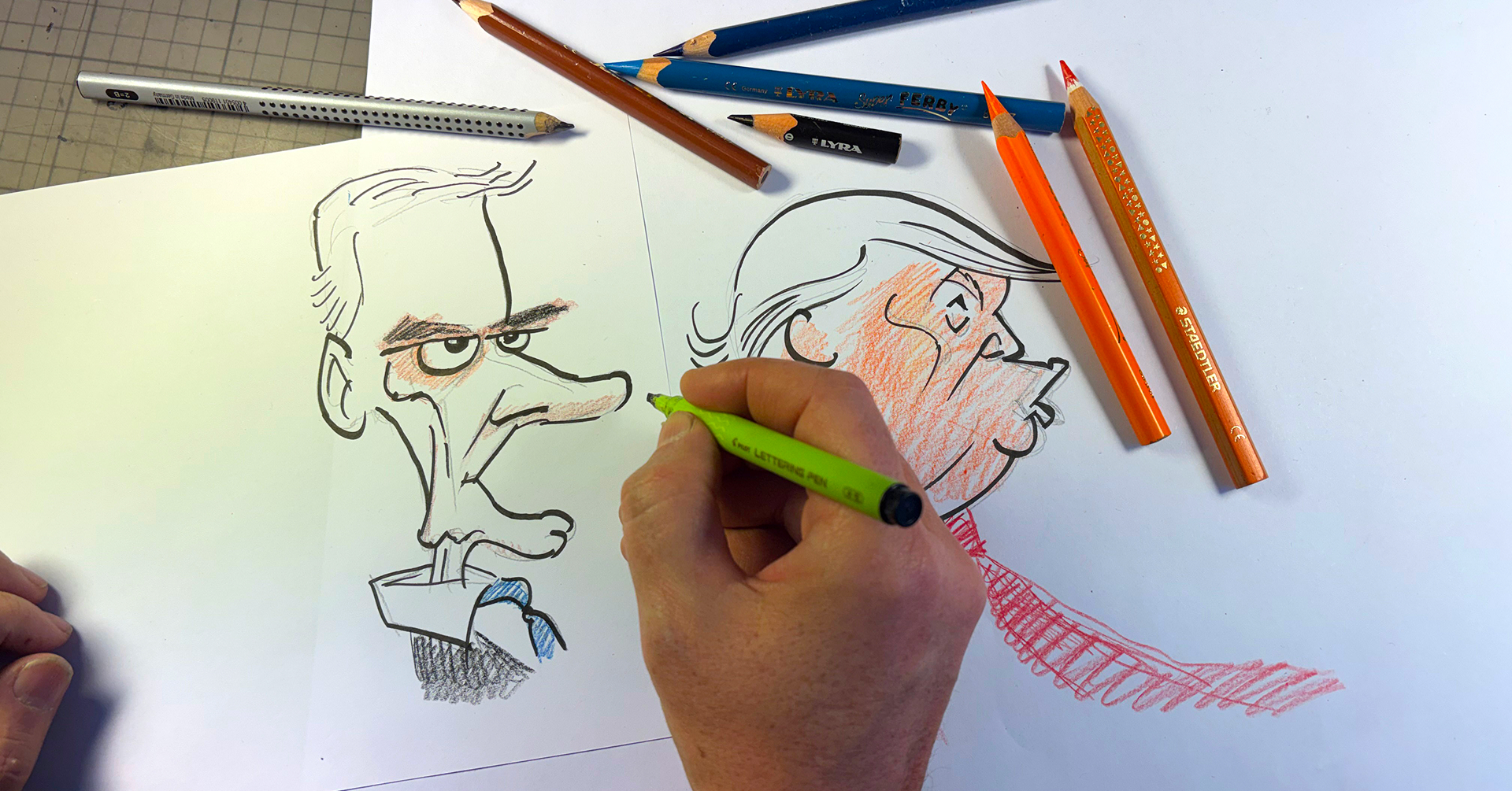 Med en penn i hånda, viser bildet karikaturtegning av Norges statsminister og presidenten av USA