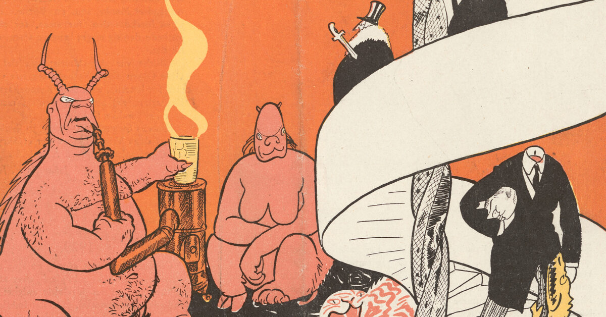 Utsnitt av illustrasjon tegnet av Ragnvald Blix. To groteske, dragelignende skikkelser varmer seg ved en kakkelovn, mens de ser dresskledde skikkelser vandre ned en vindeltrapp, en av dem med hodet under armen. 