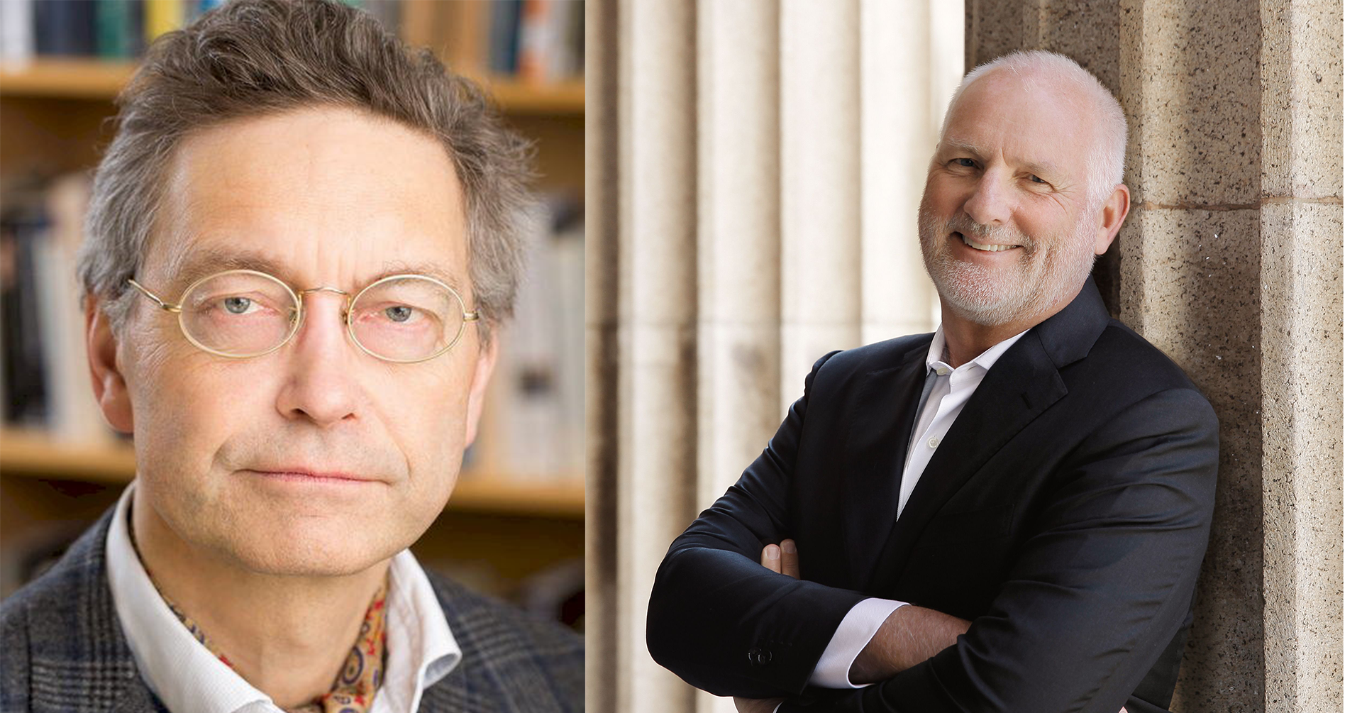 Portrett av to menn som ser mot kamera. Han ene har briller og ser seriøs ut, han andre har armene i kors og smiler bredt.