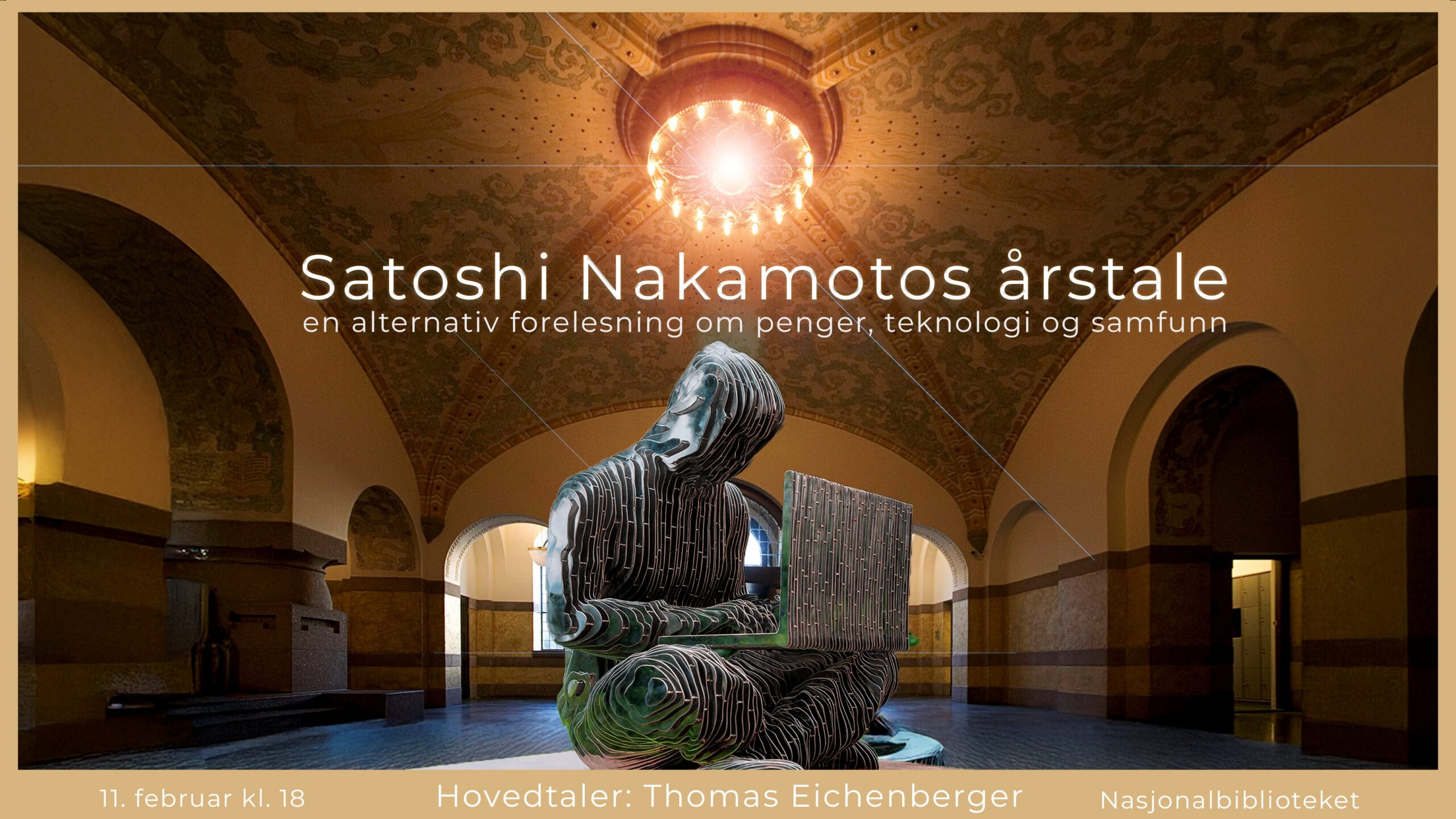 Bildet viser en ai-generert person i hettegenser som sitter på en laptop i Nasjonalbibliotekets inngangsareal