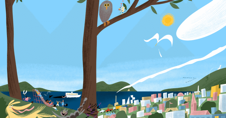 Illustrasjon av en ugle og en mus i et tre, der musa gir ugla en bukett med blomster. På bakken ser man dyr og mennesker leke sammen, i bakgrunnen er det et hav, en ferje, en øy og en by.