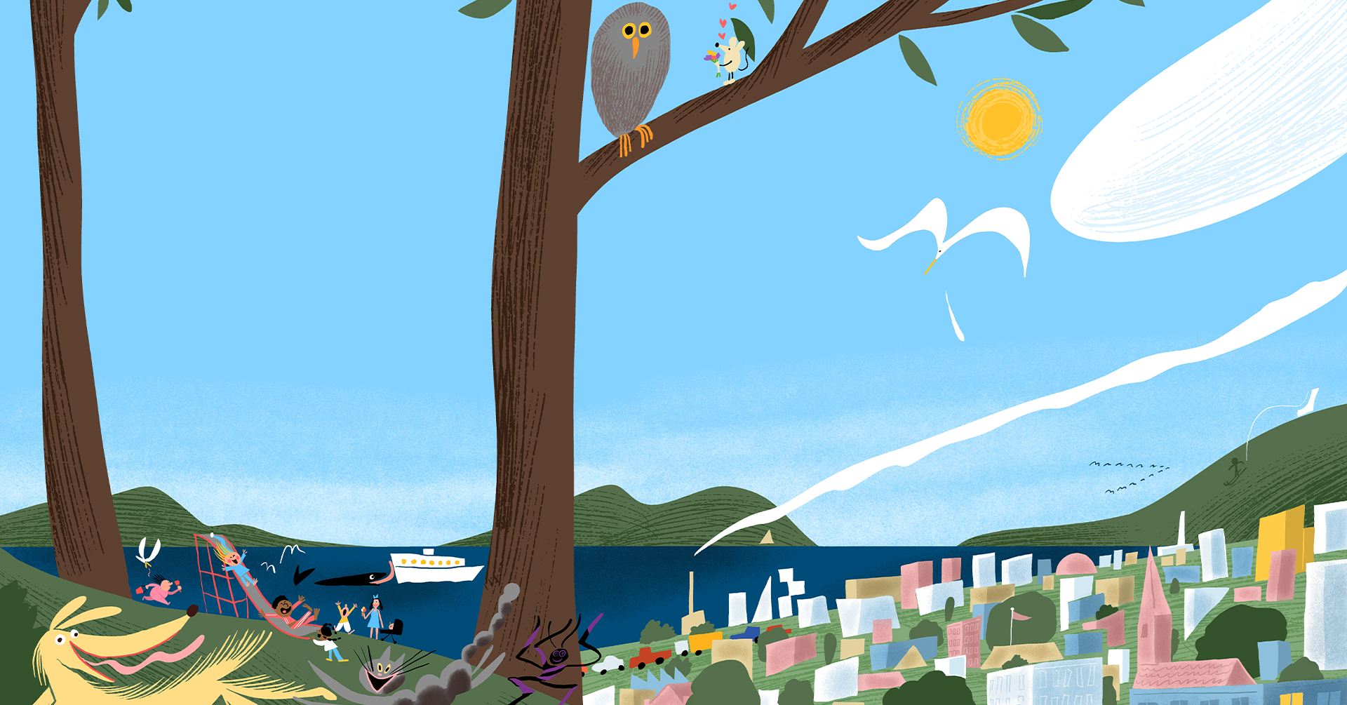 Illustrasjon av en ugle og en mus i et tre, der musa gir ugla en bukett med blomster. På bakken ser man dyr og mennesker leke sammen, i bakgrunnen er det et hav, en ferje, en øy og en by.