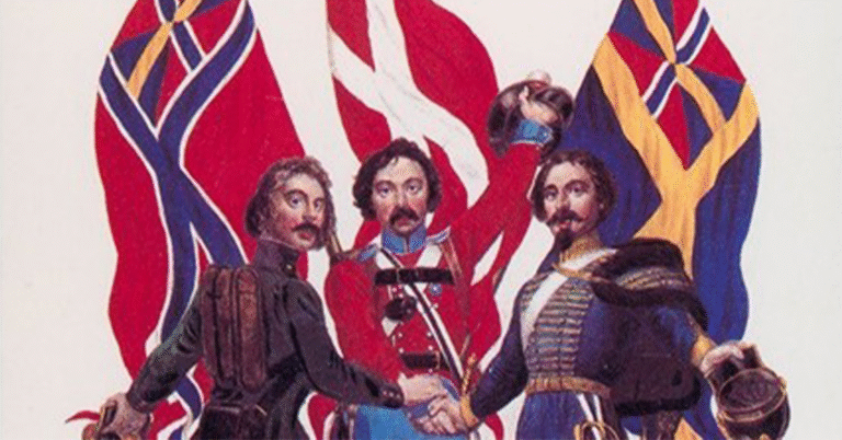 Tre menn tar hverandre i hånda. Bak svaier det norske, svenske og danske flagg.