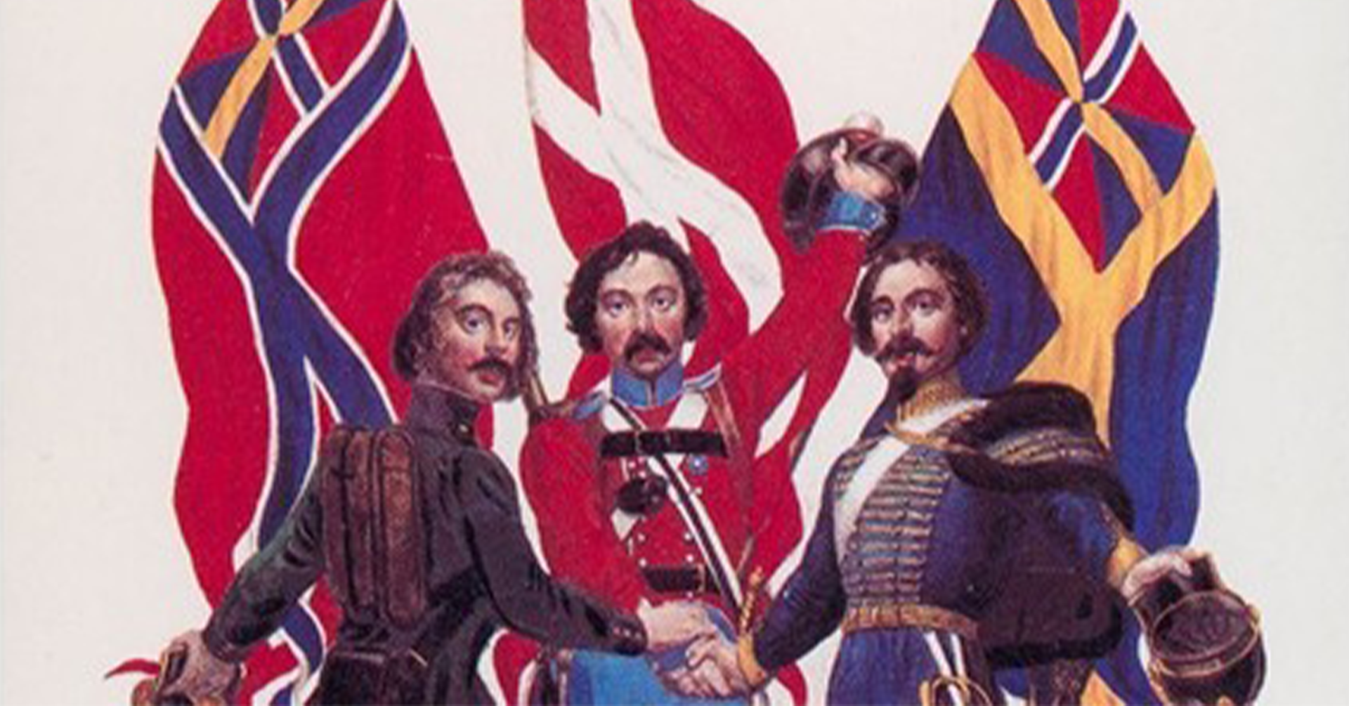 Tre menn tar hverandre i hånda. Bak svaier det norske, svenske og danske flagg.