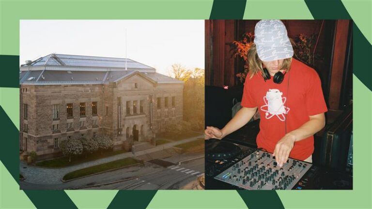 Eksteriørbilde av Nasjonalbiblioteket og bilde av DJ-en Niilas.