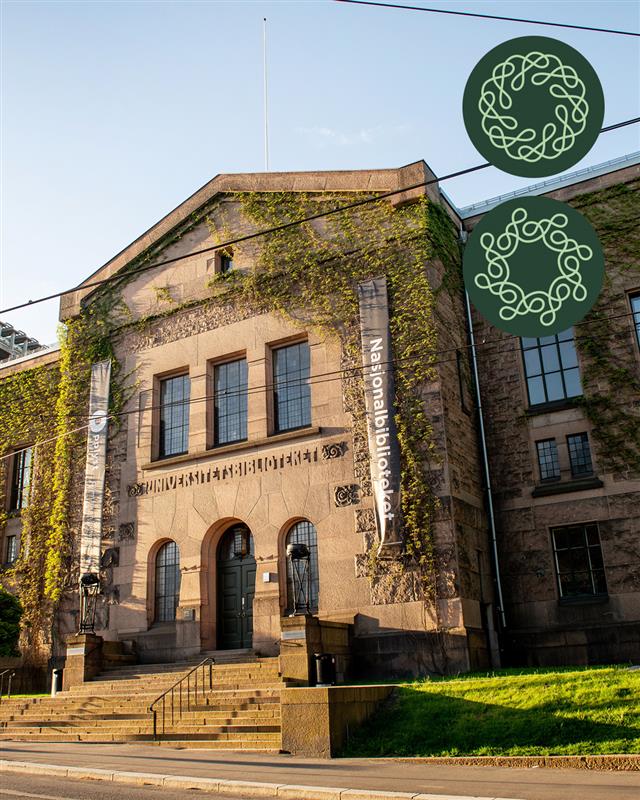 Nasjonalbibliotekets fasade, med logo for Fosseforedraget og Fosseprisen for omsetjarar i høyre hjørne.