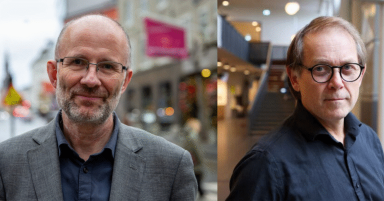 To menn med forskjellige bakgrunner. En mann har på seg grå blazer og smiler, bakgrunn er en gate utendørs. Den andre mannen har på seg grå skjorte og bakgrunnen er en trapp innendørs.