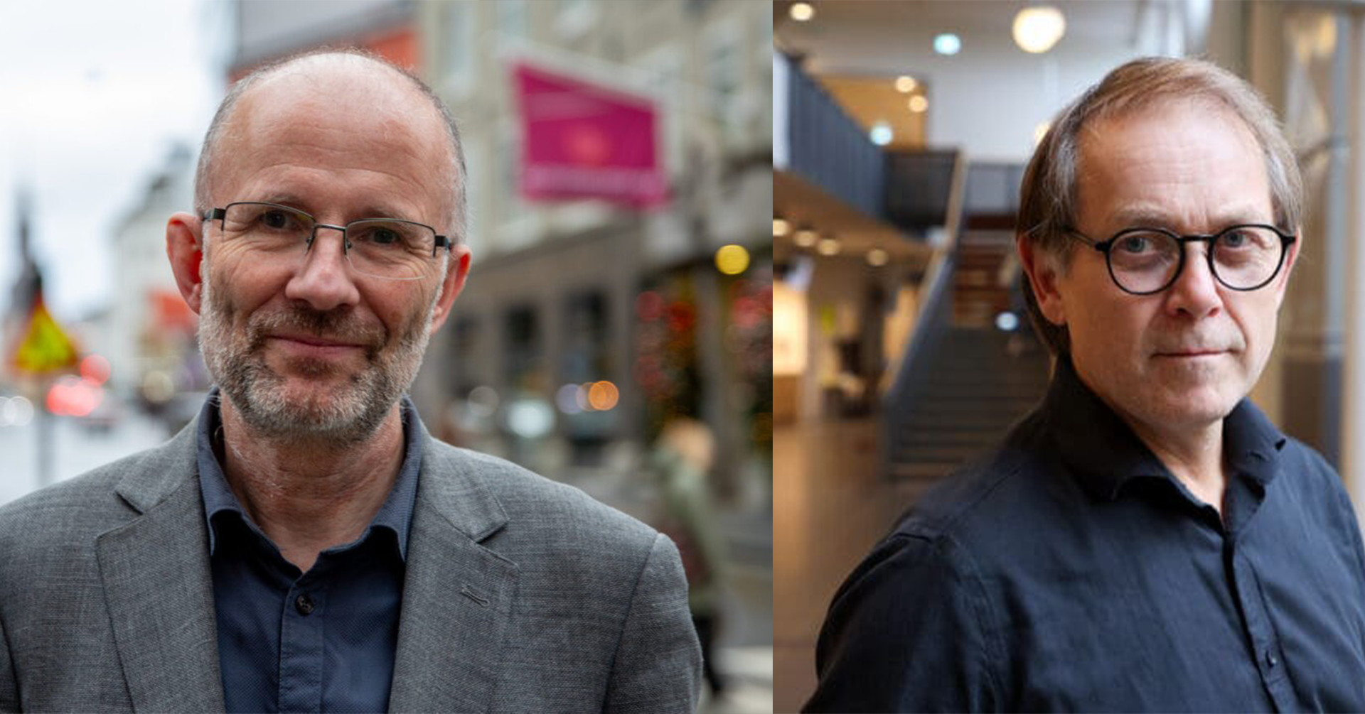 To menn med forskjellige bakgrunner. En mann har på seg grå blazer og smiler, bakgrunn er en gate utendørs. Den andre mannen har på seg grå skjorte og bakgrunnen er en trapp innendørs.
