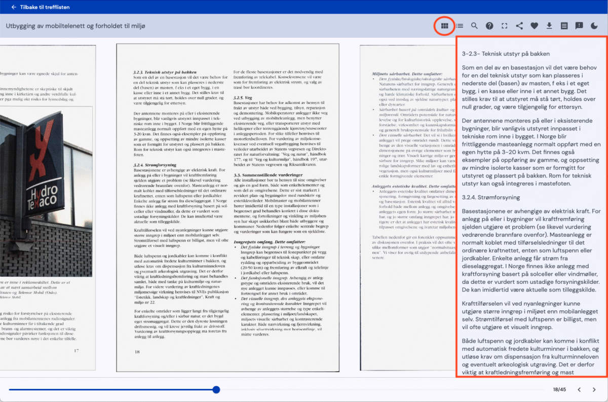 Skjermbilde av Nettbibliotekets bokviser. Verktøyknappen for menyen Visning er markert med en rød sirkel, fordi det er under denne menyvalgene fins. Panelet for visning av digital tekst, til høyre for bildene av boksidene, er markert med et rødt rektangel.