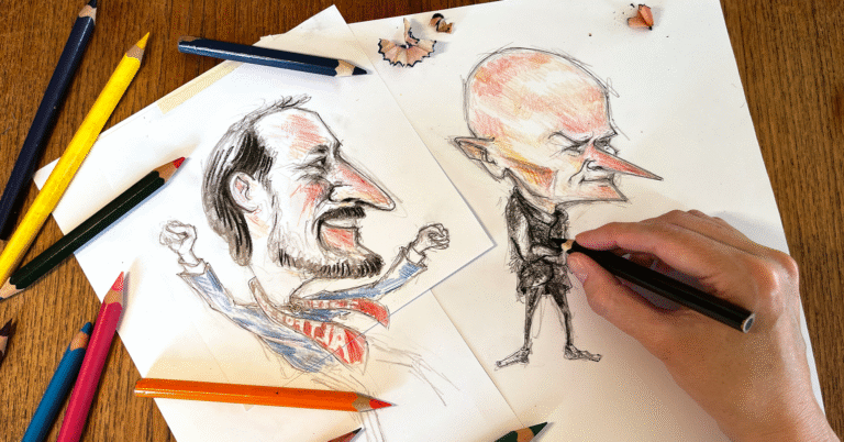 Karikaturtegninger av kronprins Haakon og landslagstrener i fotball Ståle Solbakken. Vi ser en hånd som tegner og flere fargeblyanter strødd om på tegnebordet