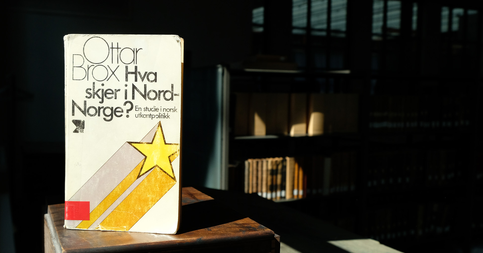 Omslag av en bok bader i sollys. Bakgrunn er en mørk bokhylle.