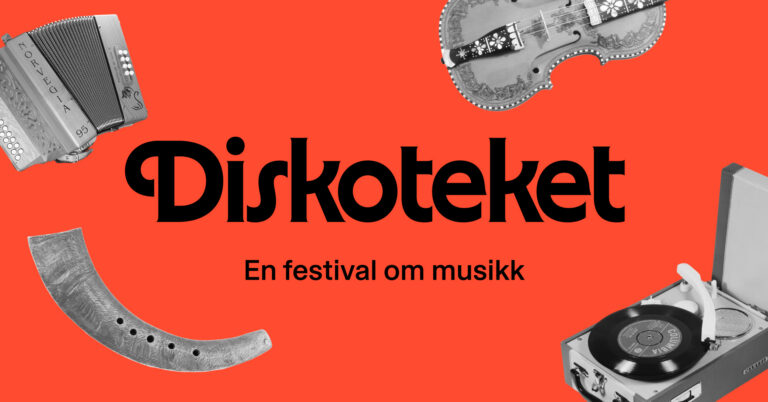 Diskoteket, en festival om musikk. Illustrasjon med trekkspill, hardingfele, bukkehorn og platespiller på oransje bakgrunn.