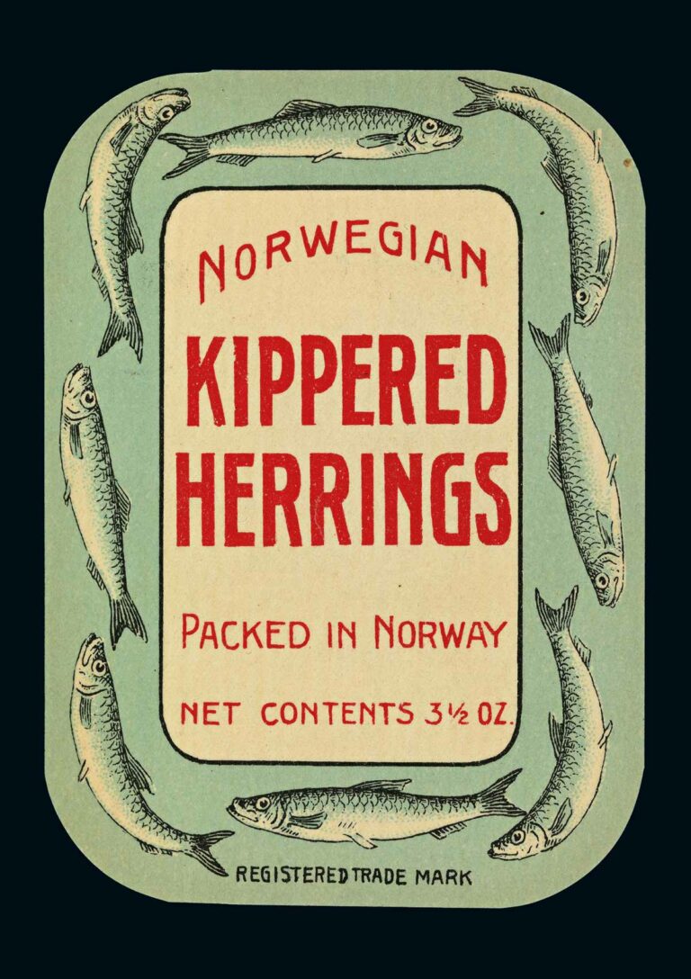 Norsk sardinetikett («Kippered herrings»), 1914