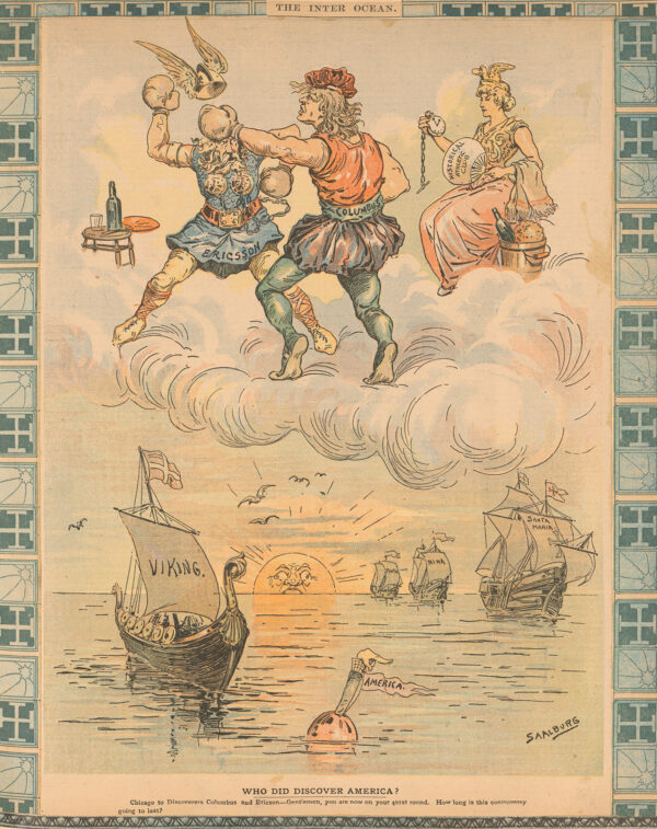 Leiv Eiriksson og Christofer Colombus i boksekamp. Karikaturtegning av Charles W. Saalburg