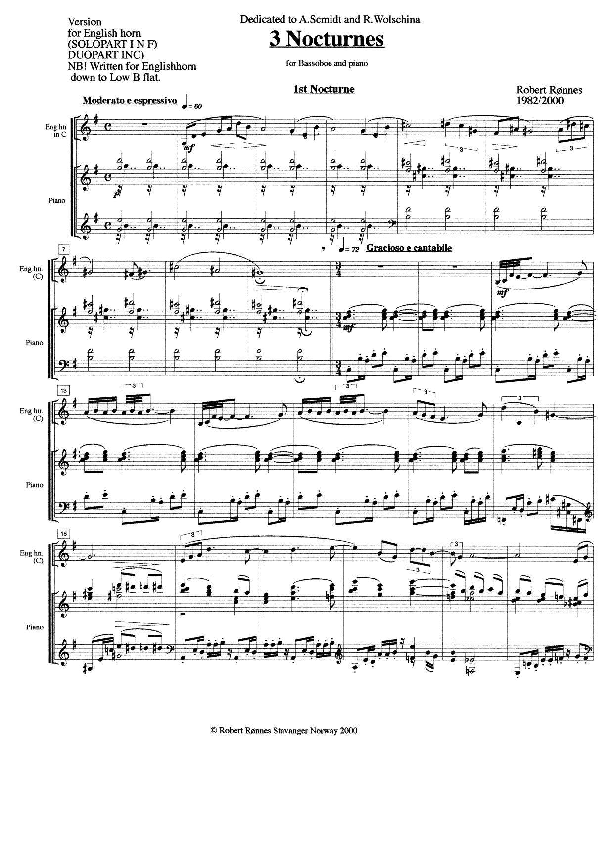 3 Nocturnes for Bass oboe(to low B/b) and piano - Version for English Horn and piano
