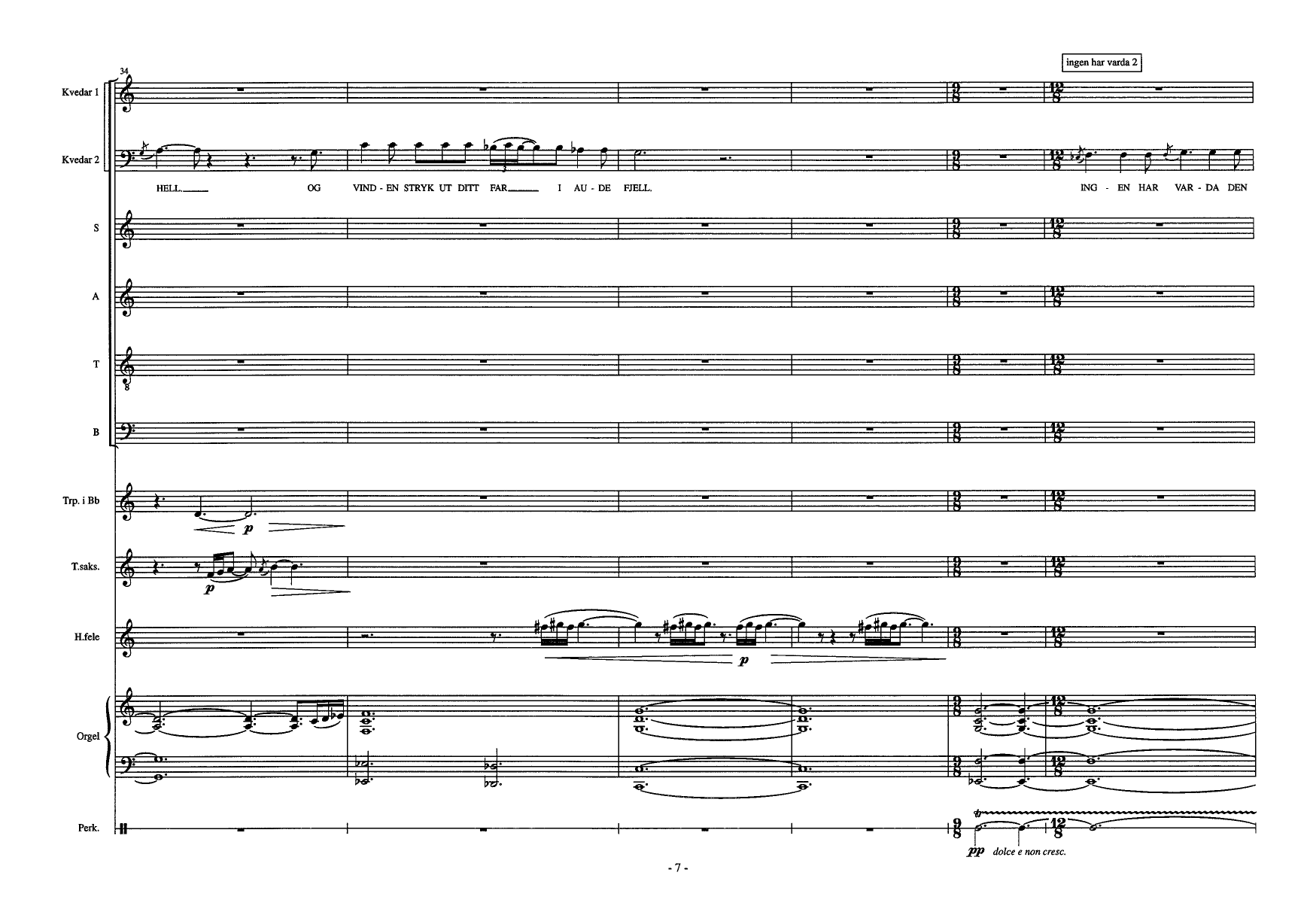 Haugesongar - For 2 kvedarar, blanda kor, trompet i Bb, tenorsaksofon, hardingfela, trøorgel, perkusjon - Bilde 9