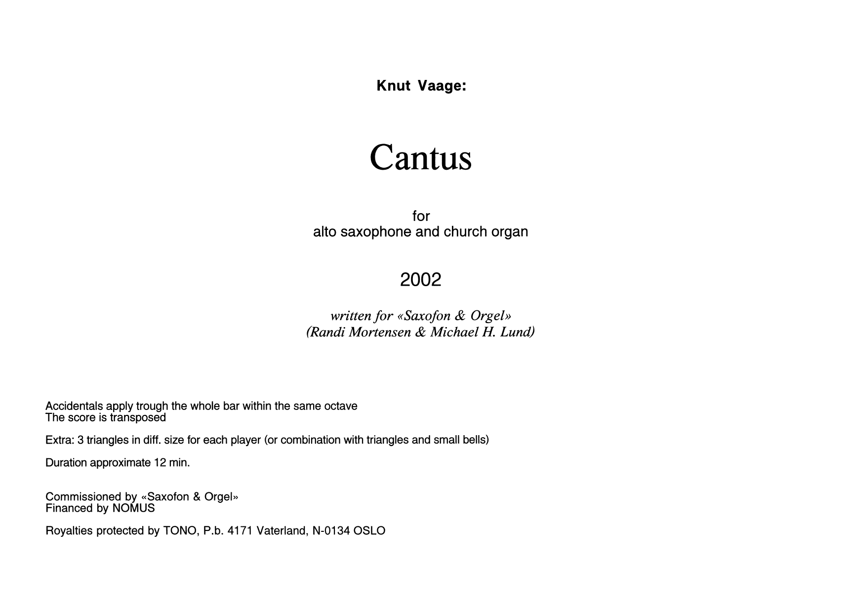 Cantus - For Alto Saxophone and Church Organ