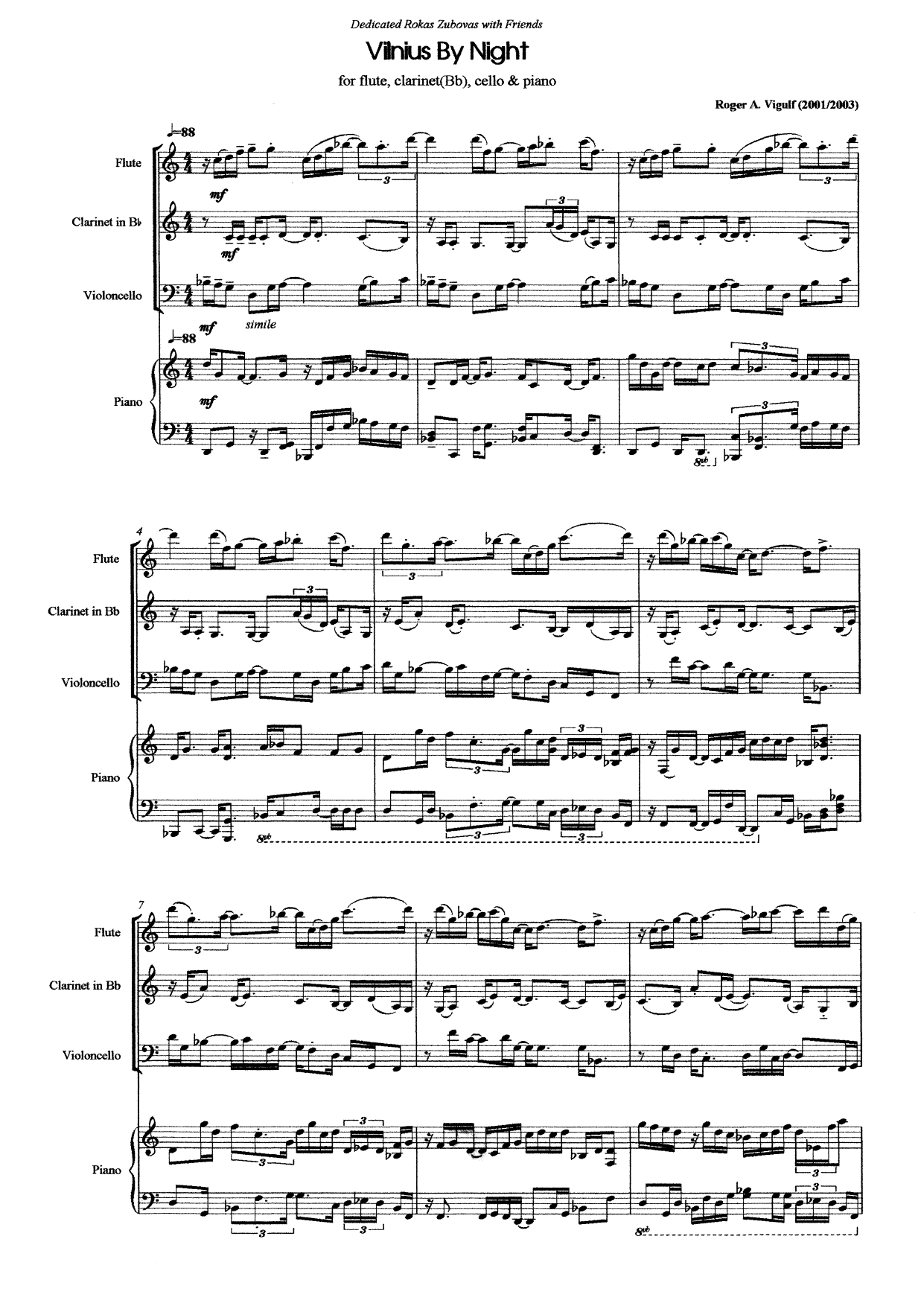 Vilnius By Night - For flute, clarinet(Bb), cello & piano