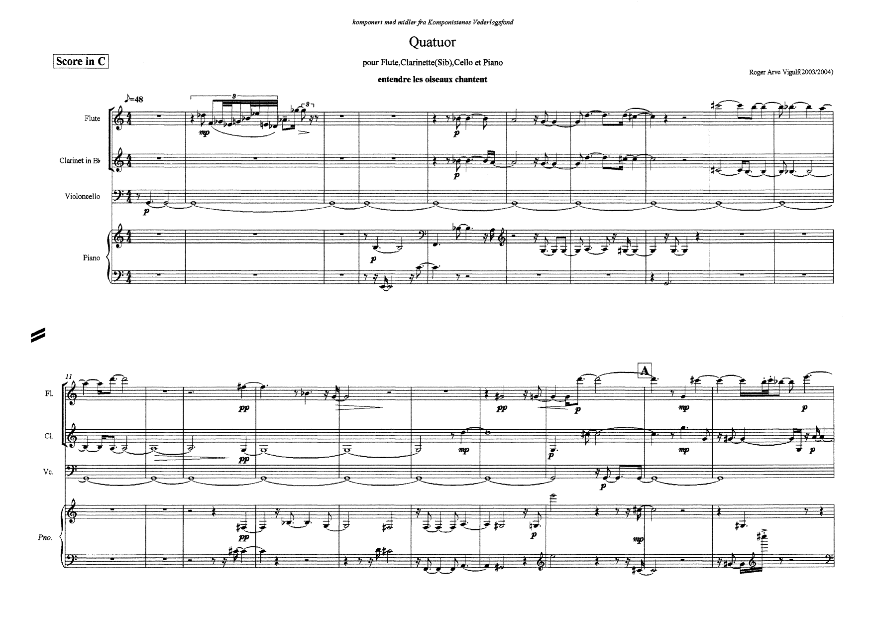 Quatuor pour flute, clarinet(Bb), cello et piano