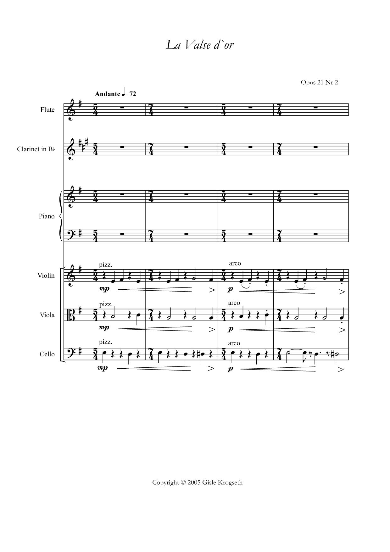 La Valse d'or - For flute, clarinet, piano, violin, viola & cello - Image 5
