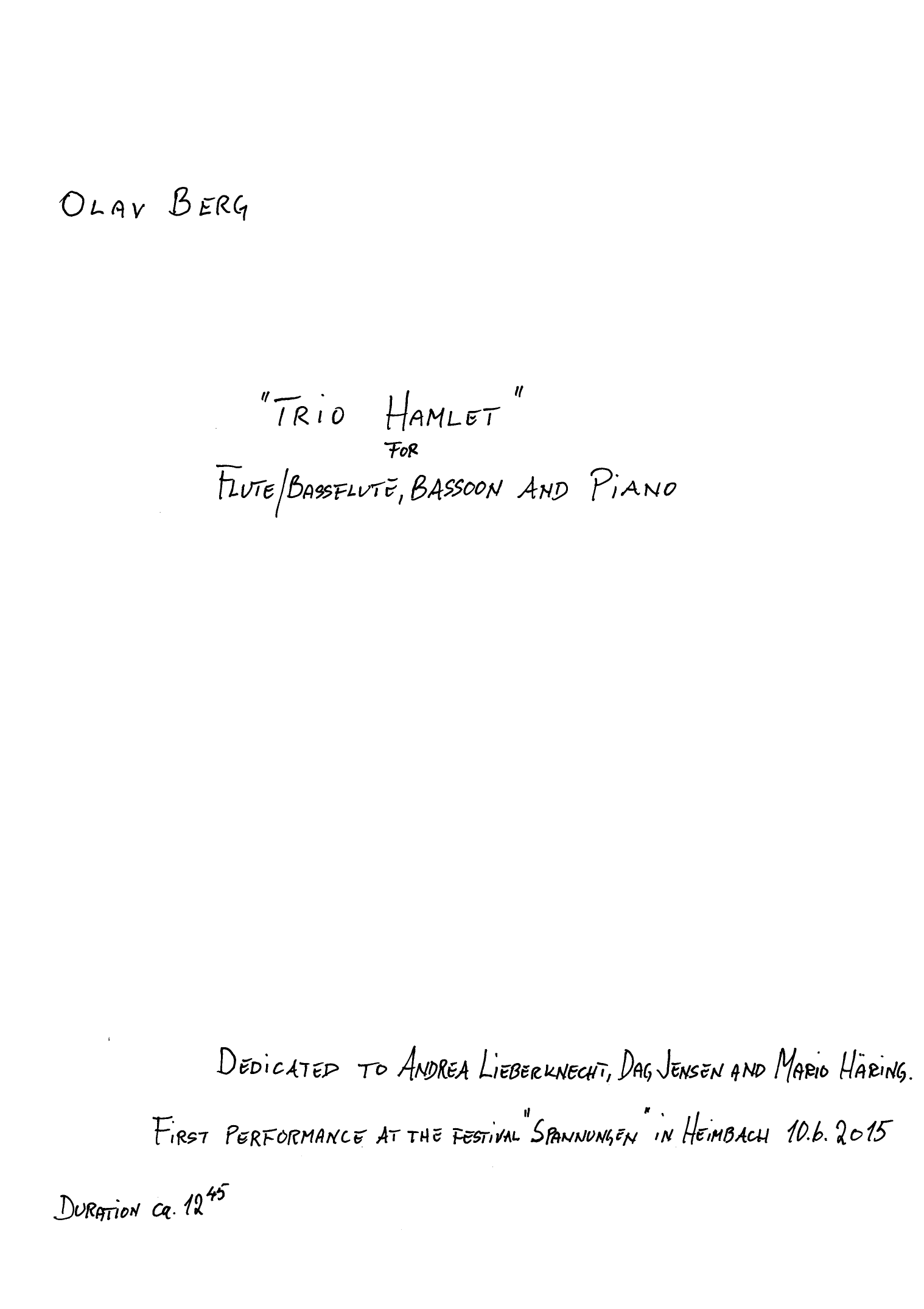 Trio Hamlet - For flute/bass flute, bassoon and piano