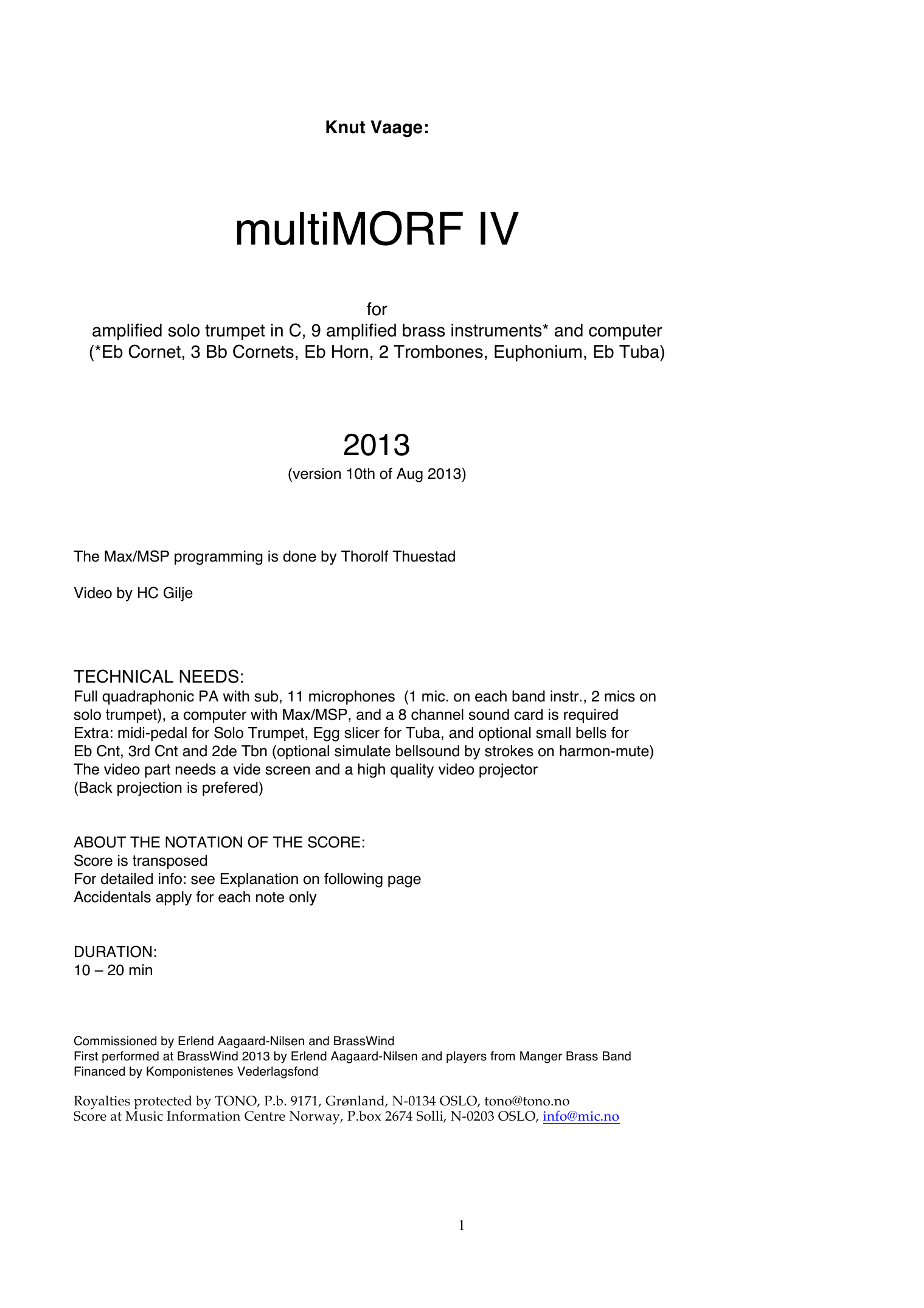 multiMORF IV - For amplified solo trumpet, 9 amplified brass instruments and computer