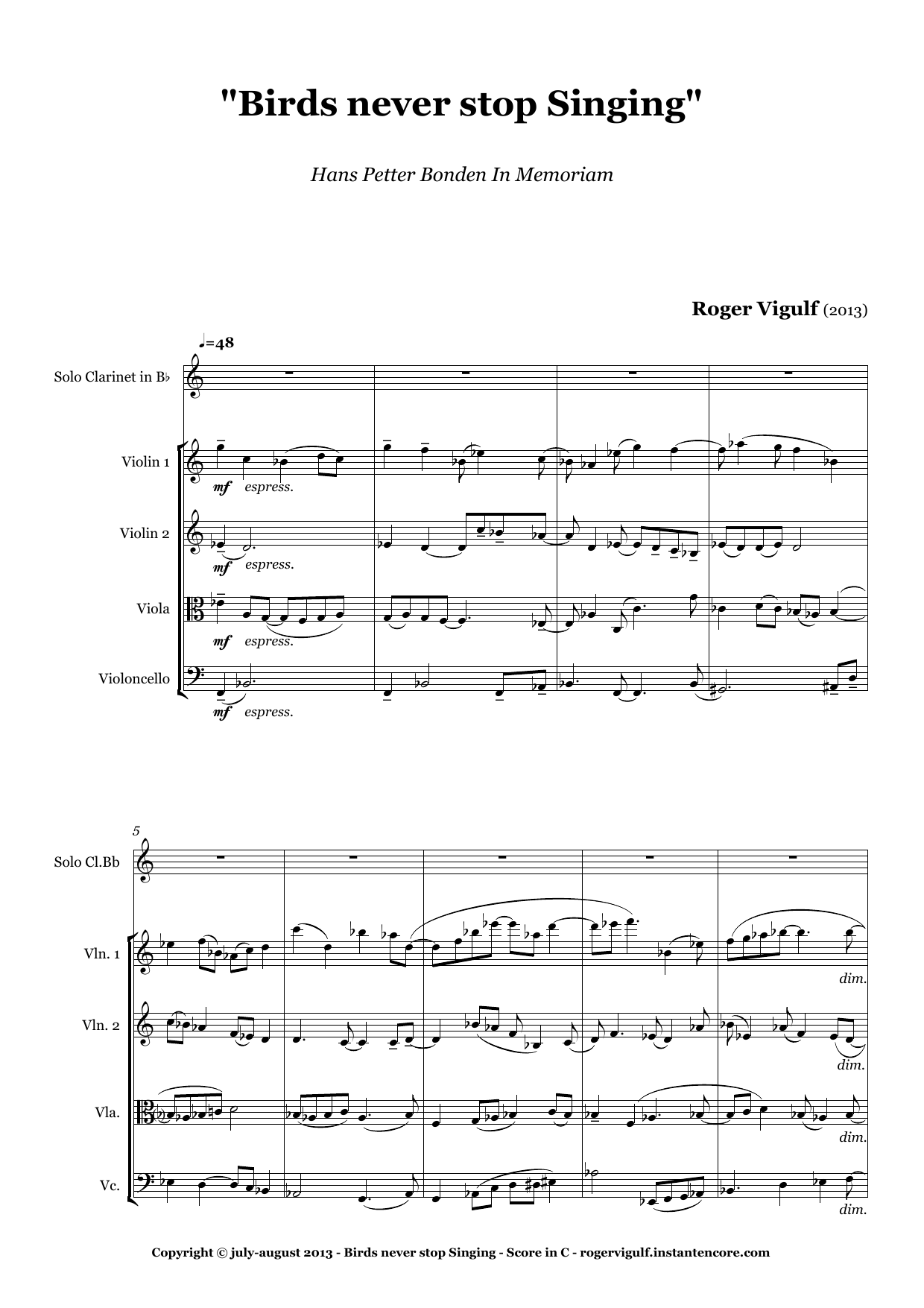 Birds Never Stop Singing - Quintet for solo Bb clarinet with String Quartet and tape - Image 2