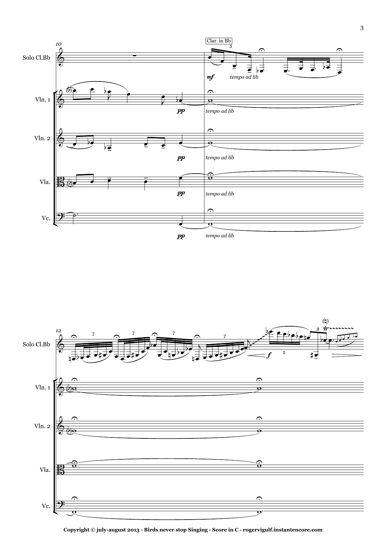 Birds Never Stop Singing - Quintet for solo Bb clarinet with String Quartet and tape - Image 3