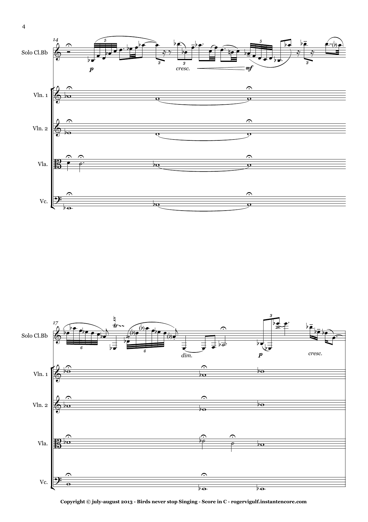 Birds Never Stop Singing - Quintet for solo Bb clarinet with String Quartet and tape - Image 4
