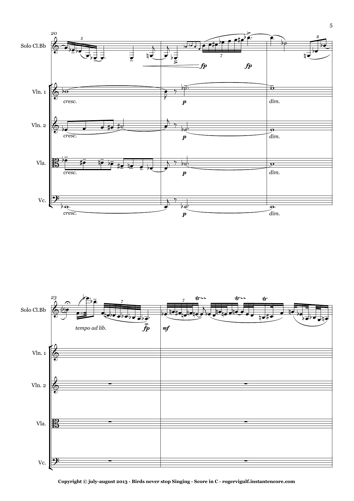 Birds Never Stop Singing - Quintet for solo Bb clarinet with String Quartet and tape - Image 5