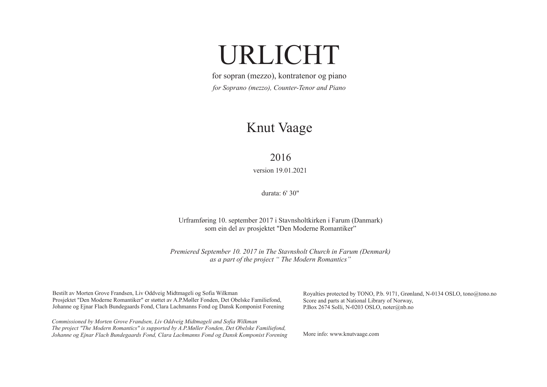 Urlicht - for soprano (mezzo), counter tenor and piano <2016/2017/2021
