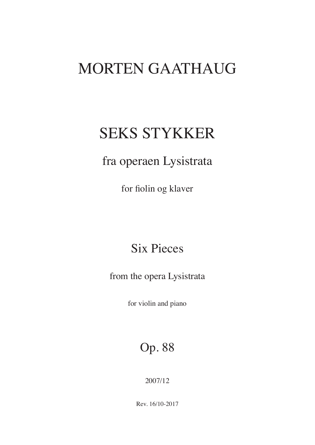 Six pieces from the opera Lysistrata - For violin and piano, op. 88