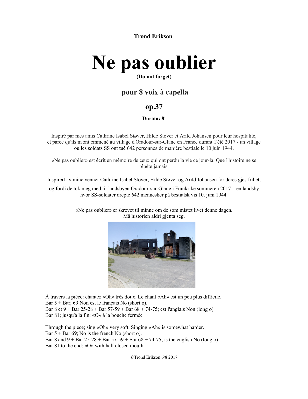 Ne pas oublier (Do not Forget) - pour 8 voix á capella, op. 37