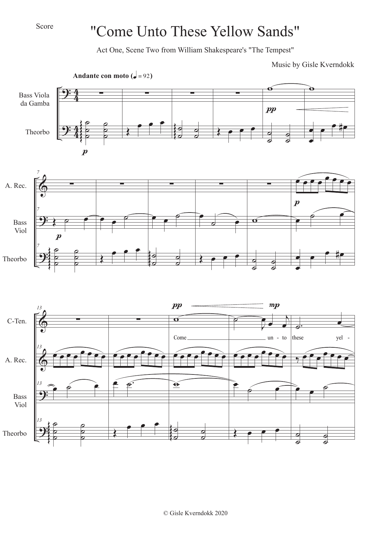 Yellow Sands - Four Songs for Ariel for Countertenor, Alto /Soprano Recorder, Bass Viola da Gamba and Theorbo - Bilde 3