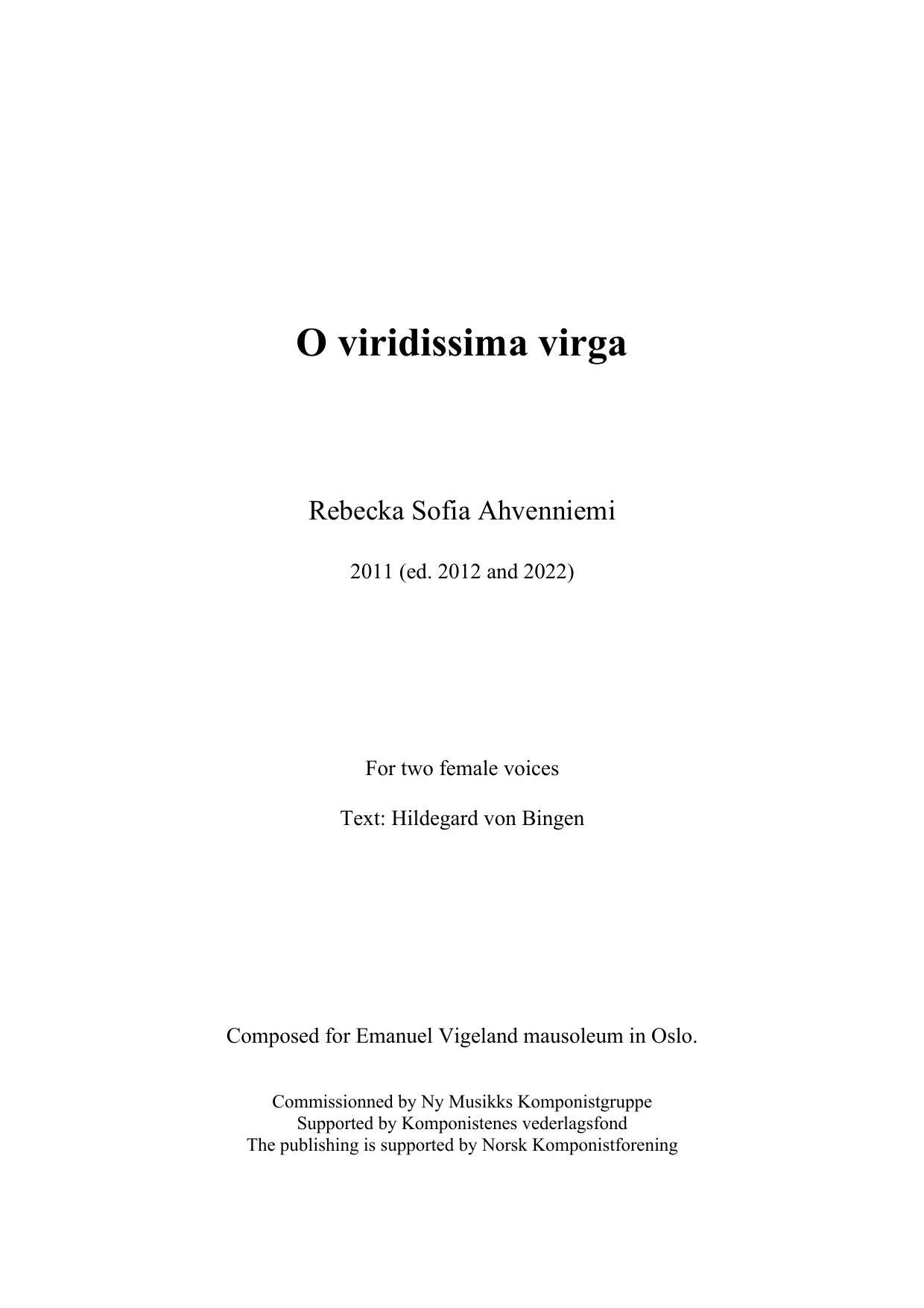 O viridissima virga - for two female voices