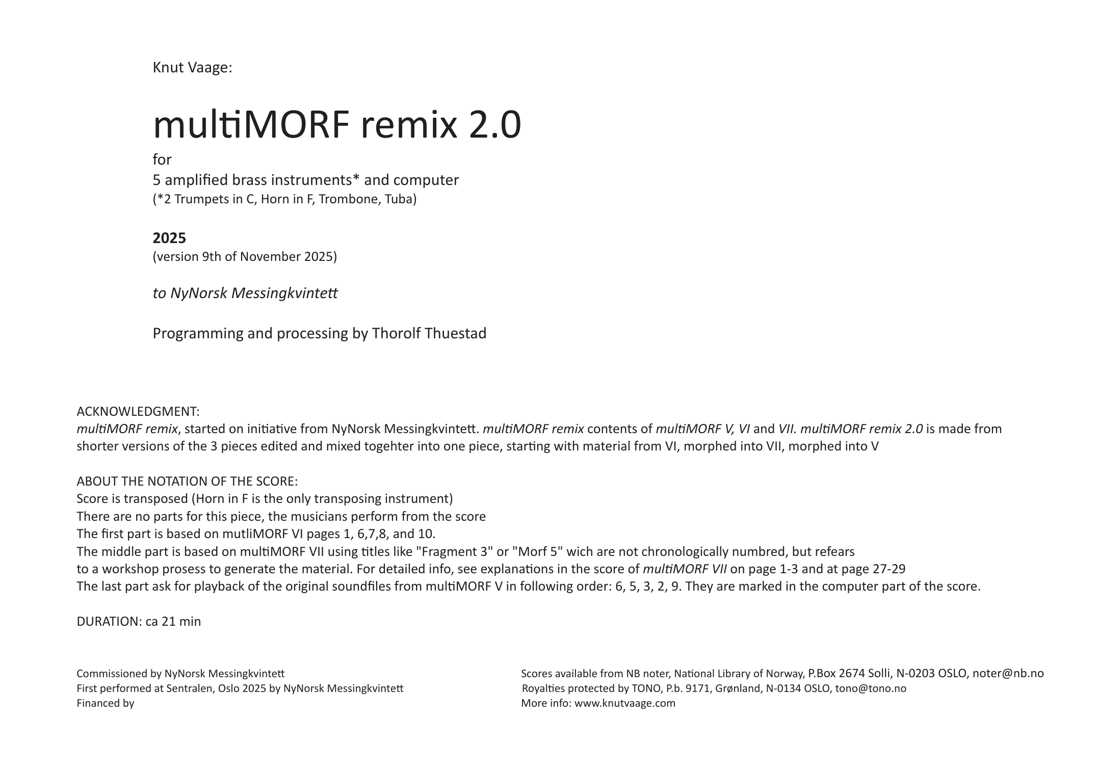 multi-MORF remix 2.0 - For 5 amplified brass instruments and computer