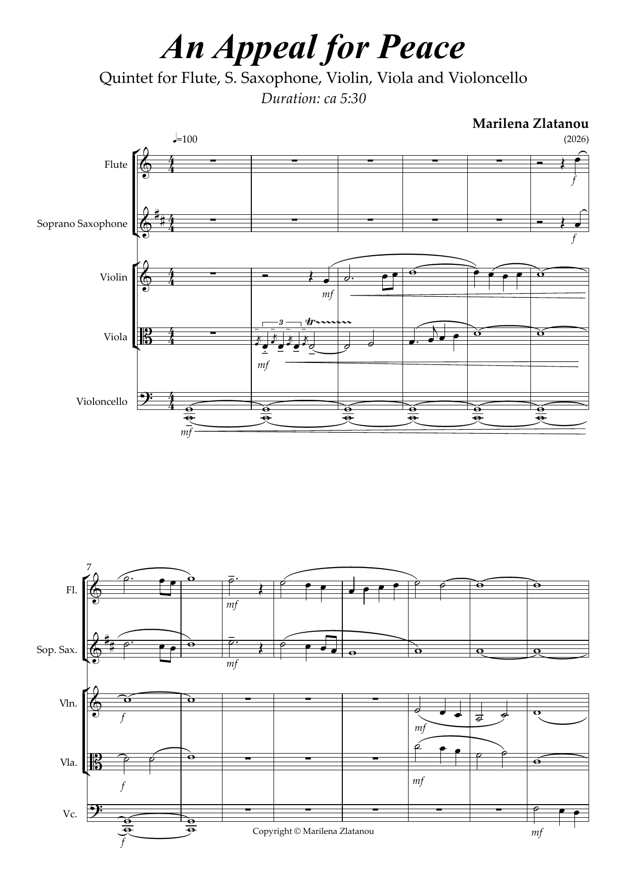 An Appeal for Peace - Quintet for flute, s.saxophone, violin, viola and violoncello