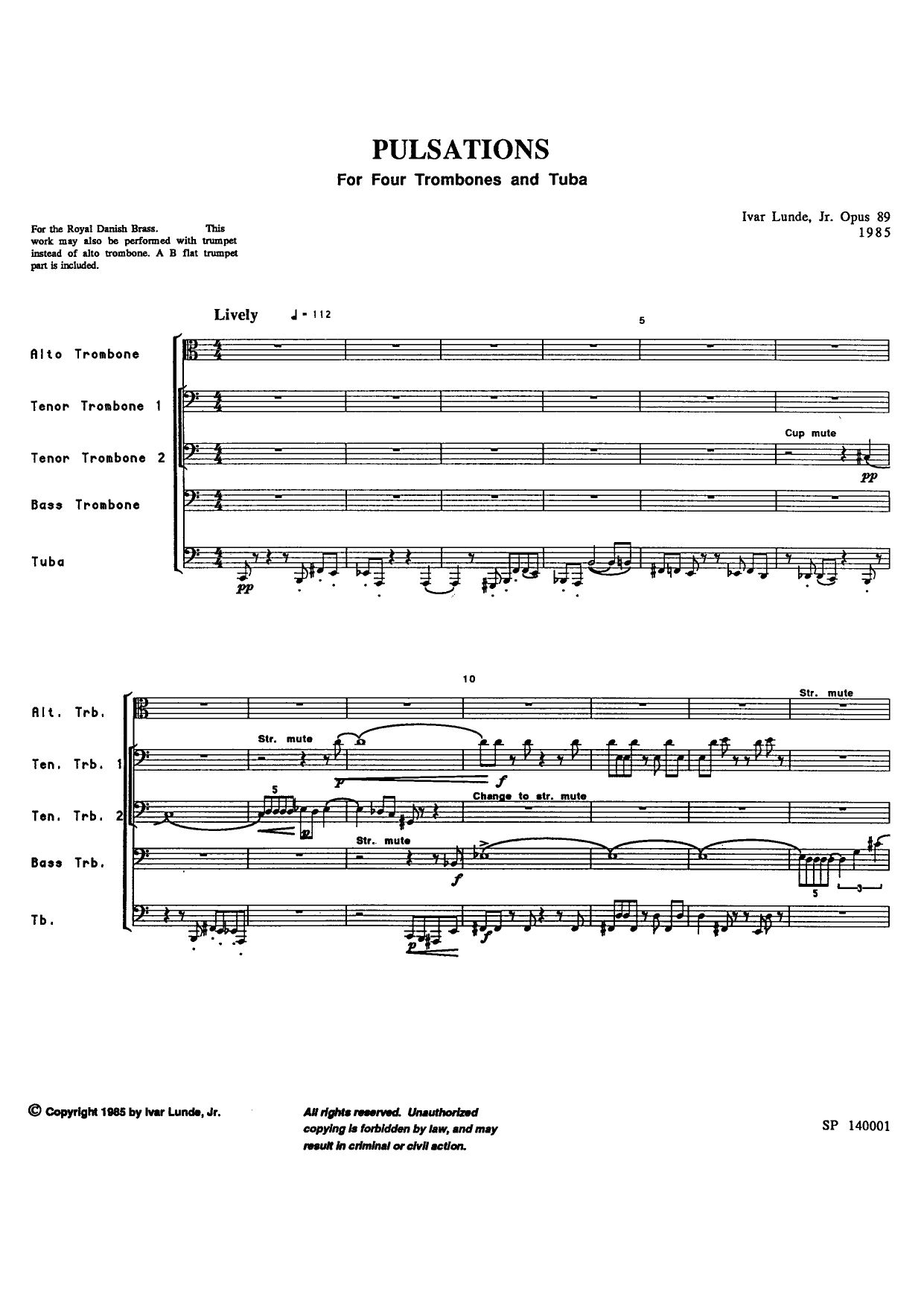 Pulsations for four trombones and tuba, op. 89