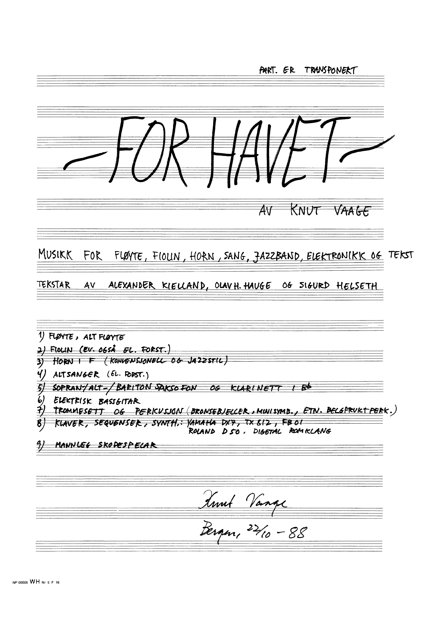 For havet - Musikk for fløyte, fiolin, horn, sang, jazzband, elektronikk  og tekst