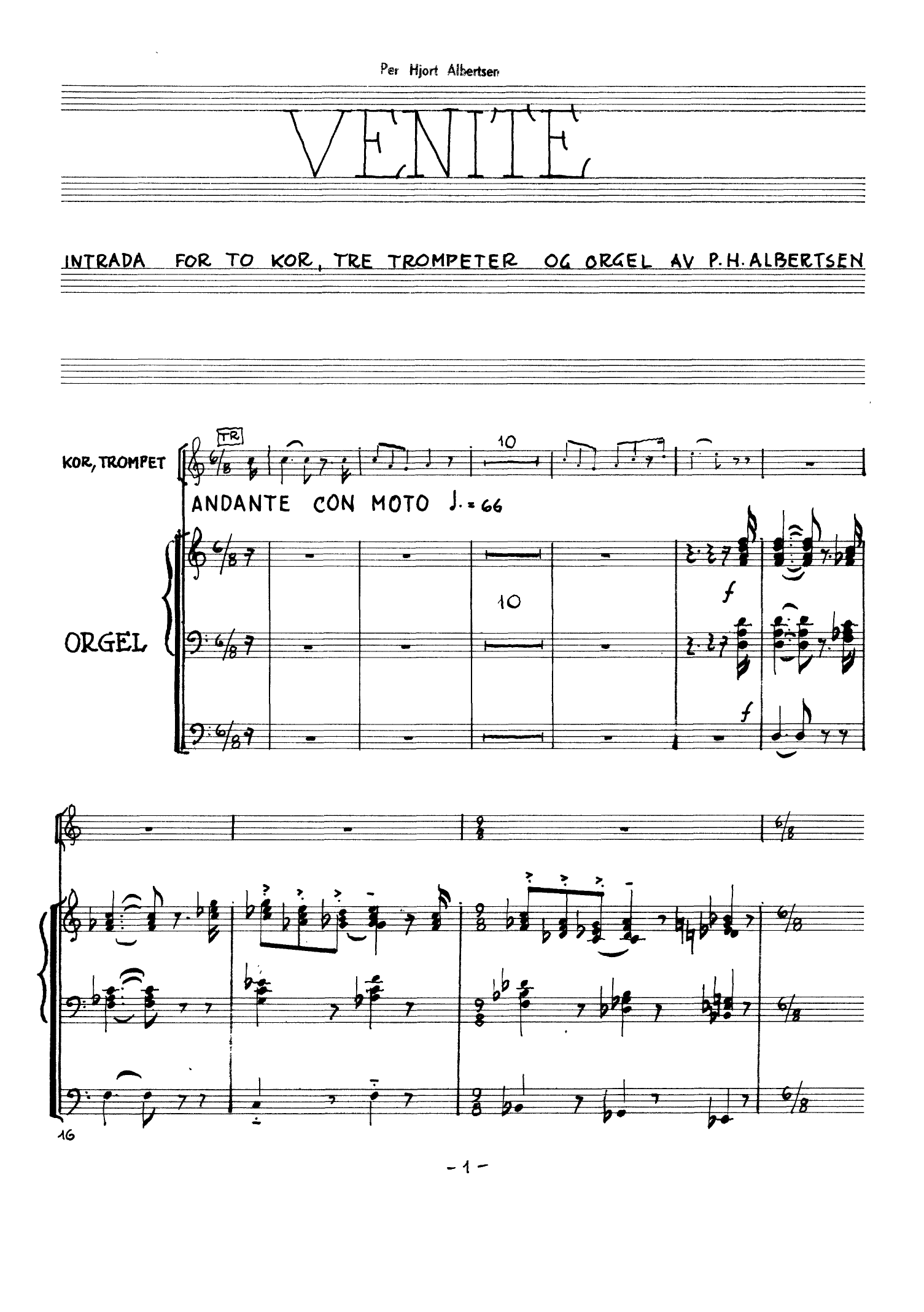 Venite - Intrada for to kor, tre trompeter og orgel, op. 49