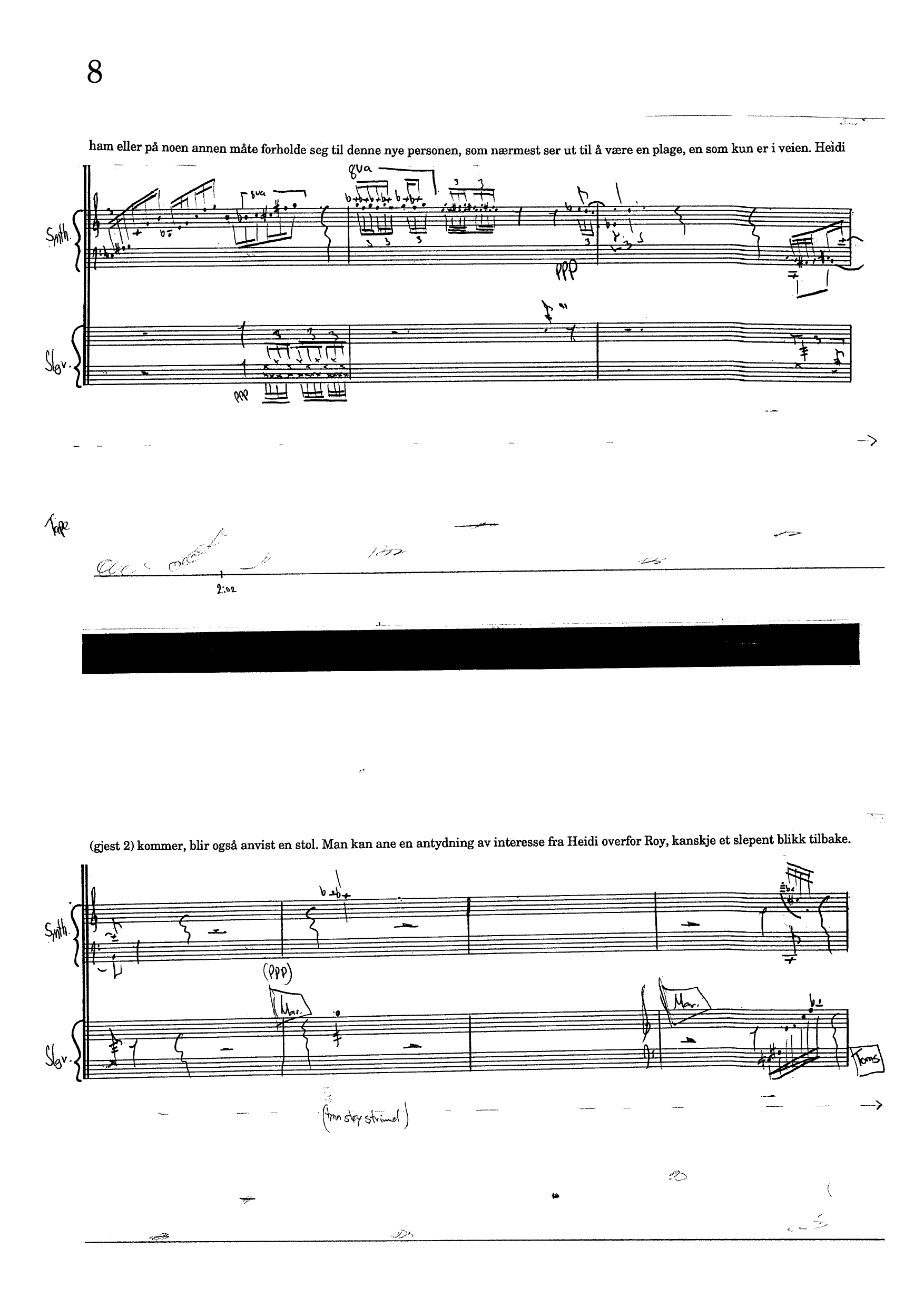 Opera fl. av opus - Konsertdrama i 8 opus for 2 mannlige skuespillere, 3 kvinnelige sangere, 1 violin, 1 keyboard, 1 sl.verk/percussion, 1 tekniker og tapes - Bilde 8