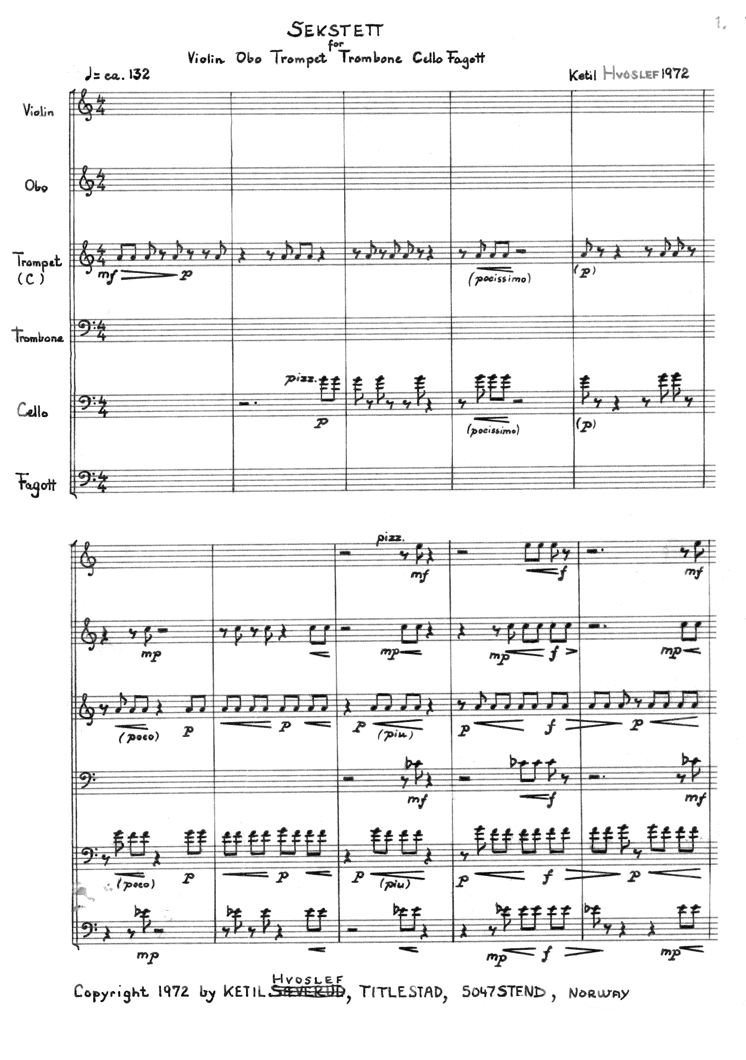 Sextet for Violin, Oboe, Trumpet, Trombone, Cello and Bassoon